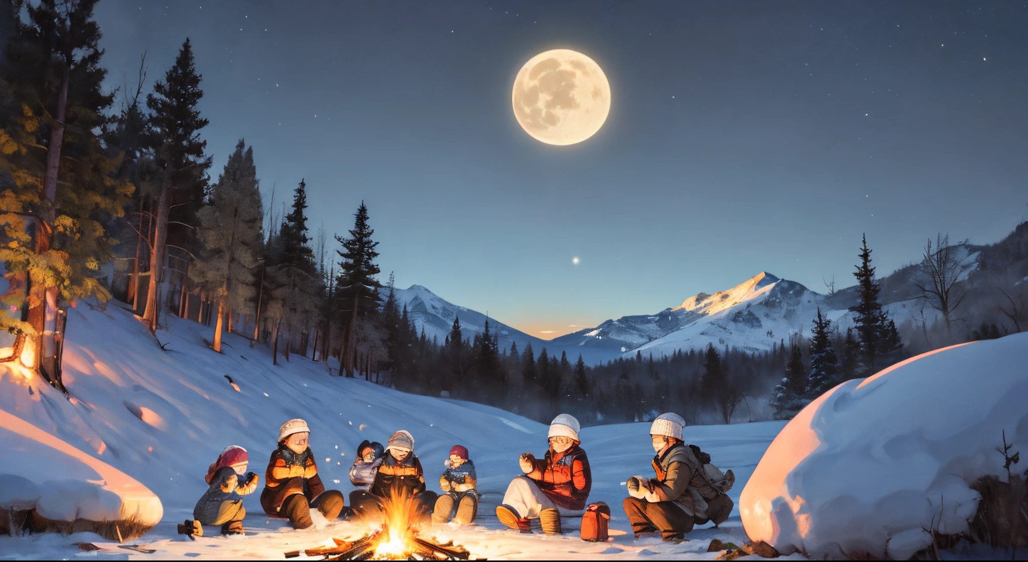 (full moon:1.1), picturesque landscape, vibrant colors, snowy peaks, majestic scenery, frosted trees, sparkling moonlight, crisp atmosphere, (adventurous:1.1), (explorers:1.2), (hiking:1.1), (snowboarding:1.2), (campfire:1.2), (warm clothing:1.1), (knitted hats:1.1), (cozy:1.1), (joyful:1.1), (family:1.1), (friends:1.2), (laughter:1.2), (fun:1.1), (excitement:1.1), (memorable:1.1), (leisure:1.1), (peaceful:1.1), (tranquil:1.1), (serene:1.1), (resplendent:1.1), (unforgettable:1.1), (adventure-filled:1.1), (mesmerizing:1.1), (stunning:1.1), (dream-like:1.1), (idyllic:1.1), (bewitching:1.1), (captivating:1.1), (enchanting:1.1), (breathtaking:1.1), (scenic:1.1), (exquisite:1.1), (dazzling:1.1), (immersive:1.1), (spectacular:1.1), (unspoiled:1.1), (majestic:1.1), (awe-inspiring:1.1), (stunningly realistic:1.37), (HDR:1.1), (UHD:1.1), (studio lighting:1.1), (ultra-fine painting:1.1), (sharp focus:1.1), (physically-based rendering:1.1), (extreme detail description:1.1), (professional:1.1), (vivid colors:1.1), (bokeh:1.1), (dreamy:1.1), peaceful night scenery with snowy mountains, vibrant clouds, and a full moon casting its enchanting glow on the landscape. The stars twinkle in the night sky, and the moonlight reflects on the glistening snow. Adventurous explorers embark on outdoor activities, such as hiking and snowboarding, enjoying the crisp air and the breathtaking beauty of nature. They gather around a cozy campfire, wearing warm clothing and knitted hats, laughing and creating unforgettable memories. The landscape  resplendent with its idyllic charm, captivating everyone with its mesmerizing details. This stunningly realistic 8K wallpaper transports you to a world of tranquility and serenity.