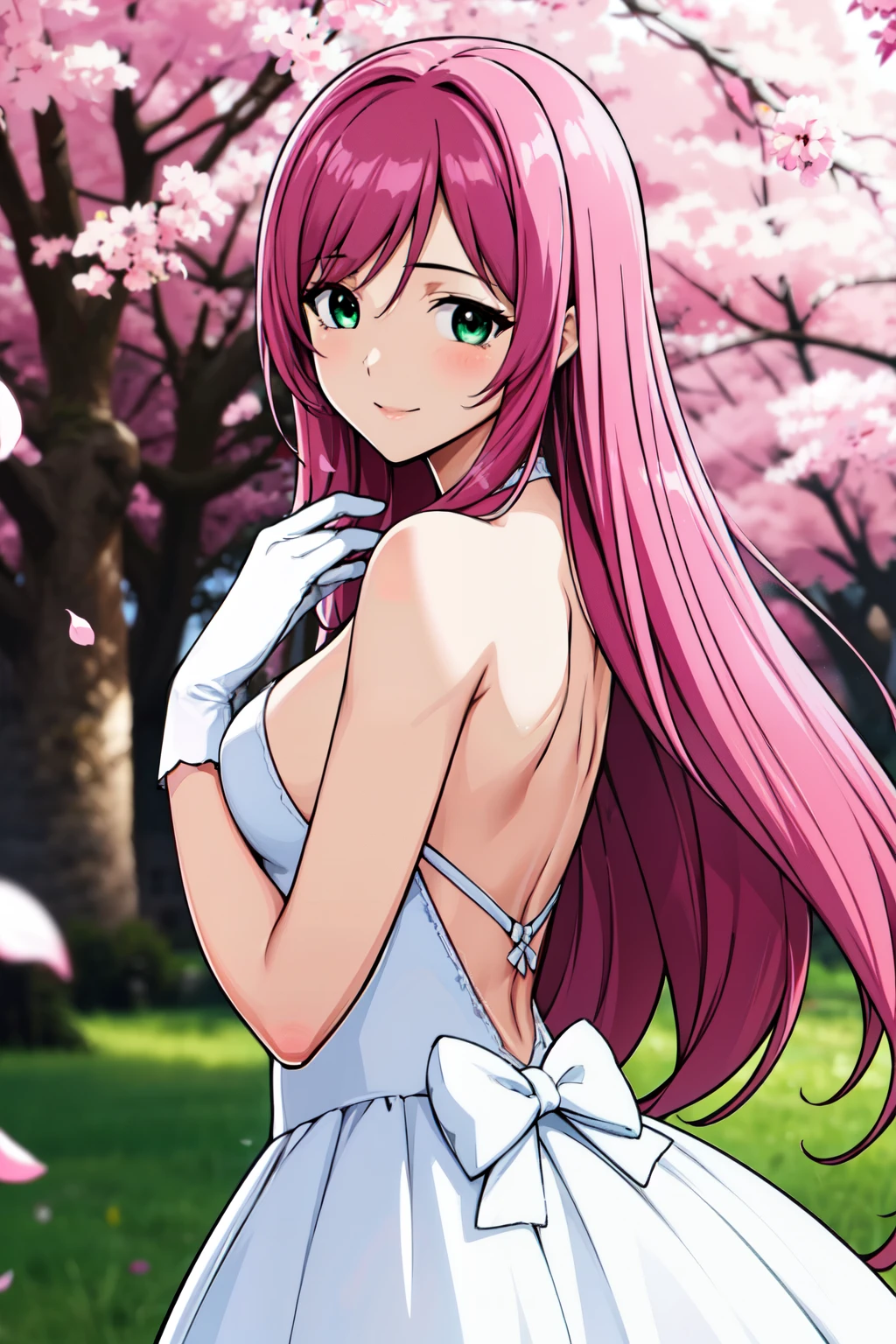 1 girl, 28 years old, Long pink hair, green eyes with slit pupils, small breasts, master-piece, best quality,  proportional body, proportional, Wedding Dresses, White Wedding Dress, Long skirt, wedding, Under the cherry blossom tree background, Cherry blossom petals are falling, outdoor, wedding, Upper body, The sky is beautiful, Both hands hold a bouquet of flowers, white gloves, Make eye contact with the camera, back figure, looking back, (light_Smile:1.5), (Detailed hands and fingers:1.2)