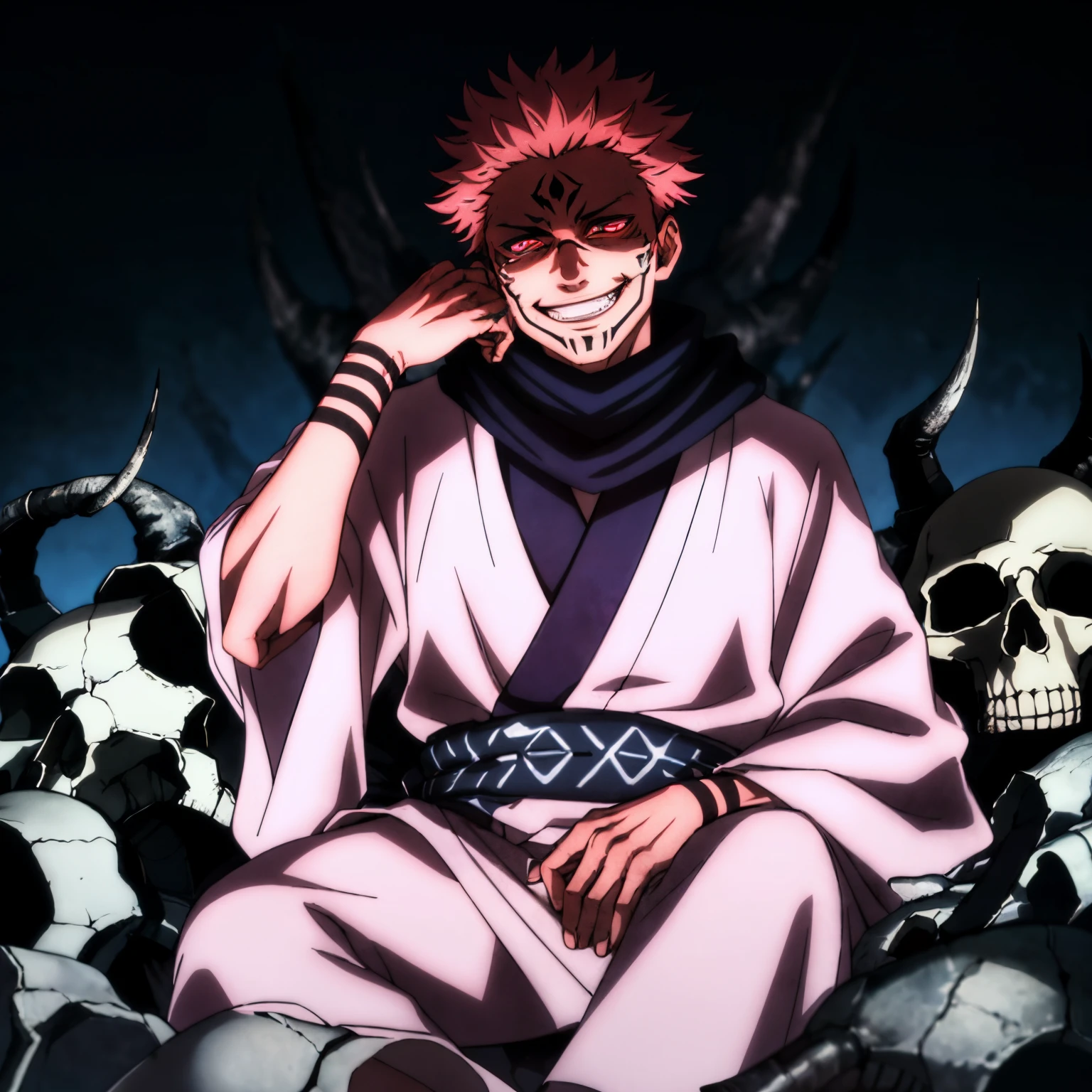 masterpiece,high quality,solo,
RyomenSukuna,1man,
blue scarf,japanese clothes,white kimono,wide sleeves,long sleeves,
obi,
tabi,zouri,
shaded face,evil grin,
animal skull,
skull,sitting,
hand on own face,glowing eyes,