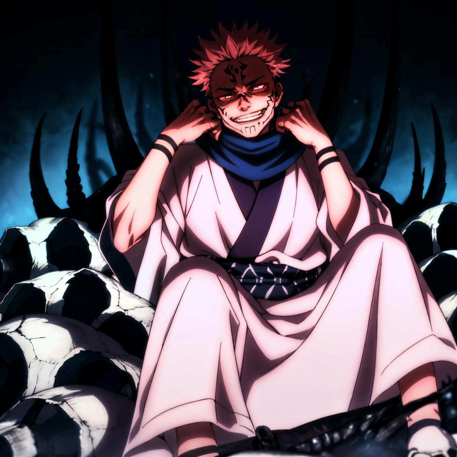 masterpiece,high quality,solo,
RyomenSukuna,1man,
blue scarf,japanese clothes,white kimono,wide sleeves,long sleeves,
obi,
tabi,zouri,
shaded face,evil grin,
animal skull,
skull,sitting,
hand on own face,glowing eyes,