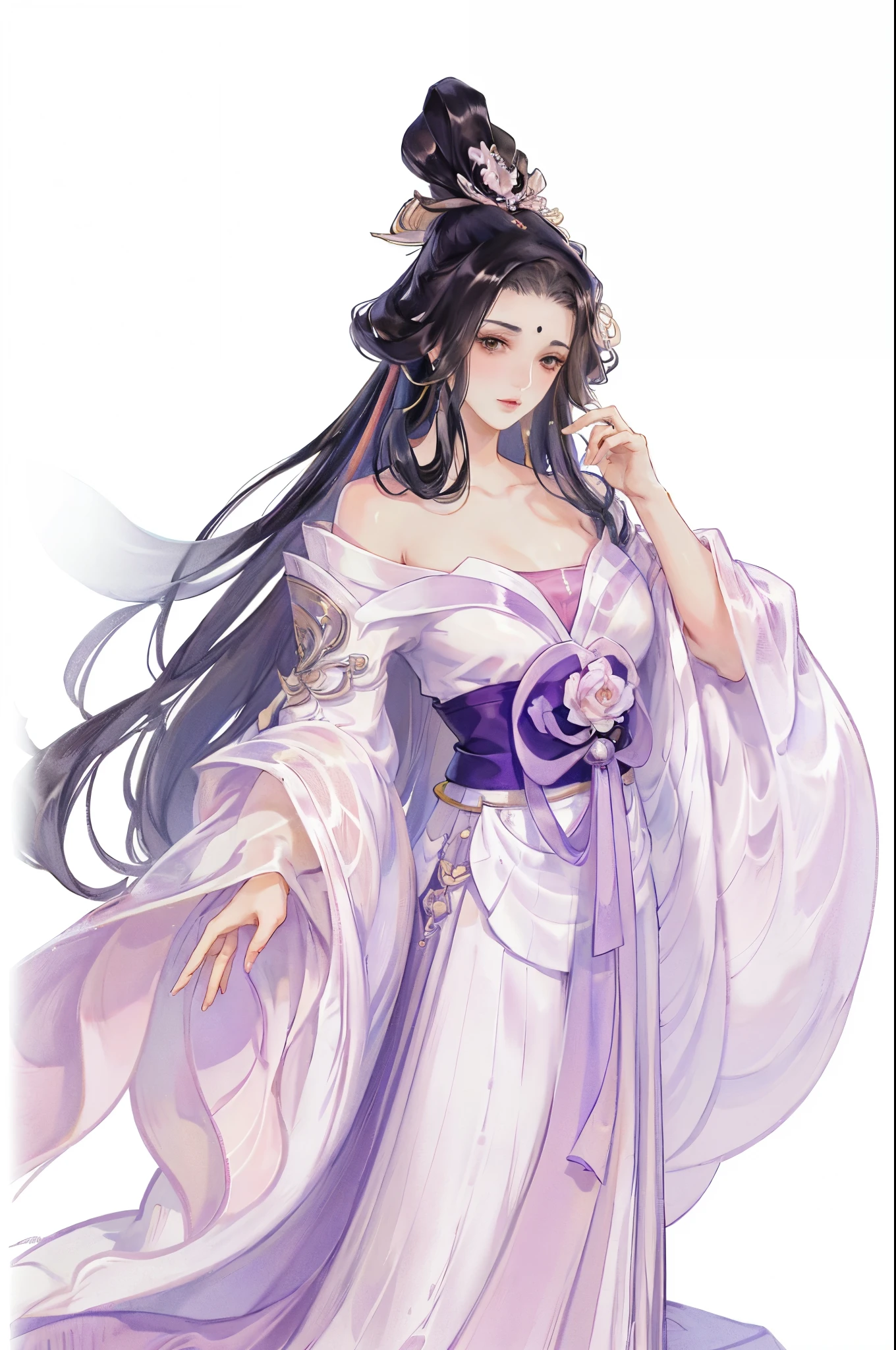 (((tmasterpiece, Best quality at best, 超高分辨率, CG unified 8K wallpaper, Best quality, ultra - detailed, ultra HD picture quality))), 1 girl, cabelos preto e longos, game fairy, peach blossom decoration, Hanfu, yarn, flowing gauze, jewely, ((Colorful)), Nice face, beautidful eyes, Beautiful hairstyle, Beautiful costumes, Structurally sound