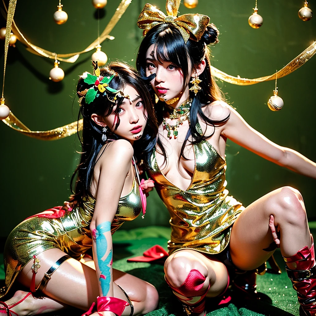 (NSFW, Almost naked costume), twins girls are magic wizards, Dynamic action, trick angle art, (face and appearance are different、It is asymmetrical:1.4), (Main theme Magical Girl Wars:1.3), Whimsical Magical Girl Enchantress, Layered dress imitating magical gift branches, Ornaments and baubles as decorative accents, Create a magical touch with metallic or sparkly fabrics, Add contrast with a tinsel belt that cinches your waist, Decorative earrings and necklaces to create a festive atmosphere, Strappy heels or boots in metallic shades, A headpiece reminiscent of a Christmas gift topper, Hair decorated with fake garlands and small ornaments, red and green glitter makeup (Aerial city background:1.2)