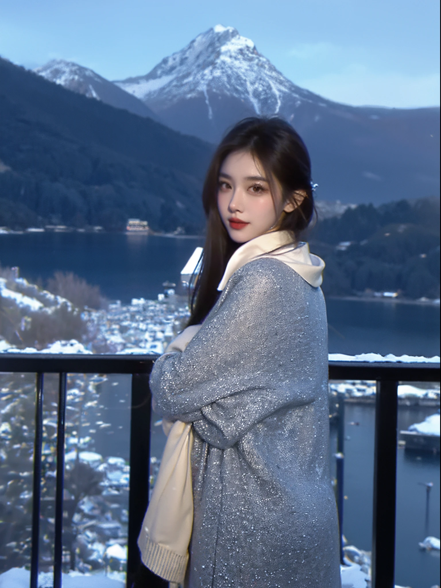 A woman standing on a balcony，Snow-capped mountains in the background, Guviz style artwork, guweiz, Inspired by Shen Si Zheng, [ 4K digital art ]!!, Fair skin, digital art of an elegant, 8k resolution digital painting, inspired by Yanjun Cheng, 8k resolution digital painting