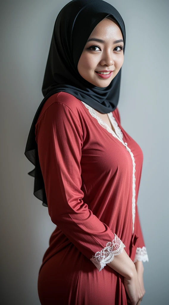 matured malay woman in hijab wearing lace red color pajamas portrait photography, mid shot photo, ultra detail, professional photograph with professional lighting, smile, light blue studio background, sexy seducing pose, curvy