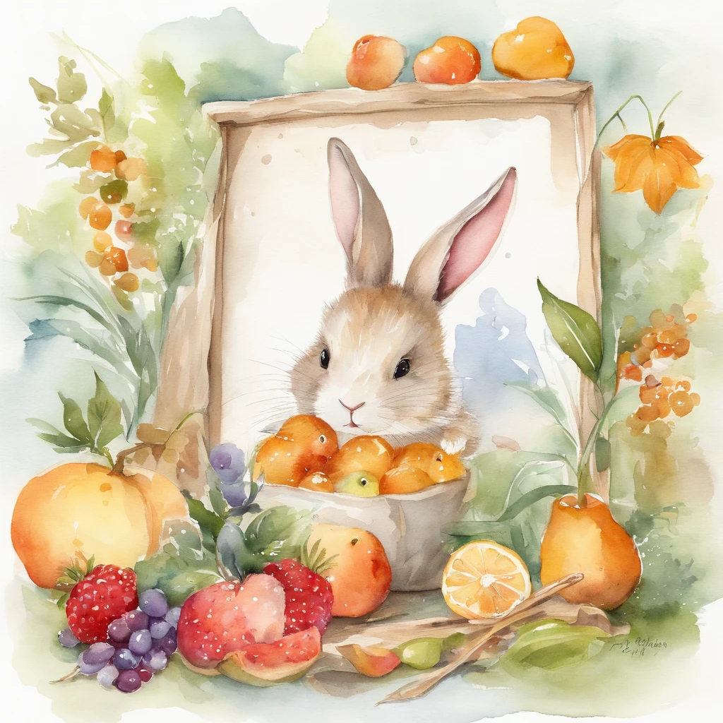 Image of a picture book、Cute Bunny、Various fishing fruits Fluffy