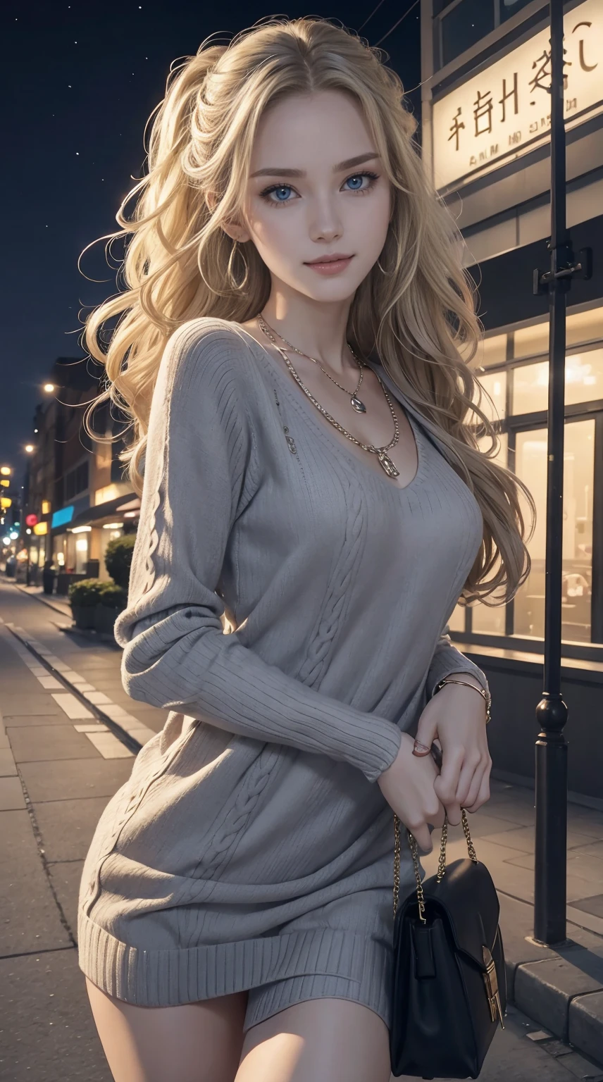 25-year-old Caucasian woman、ash blonde、blue eyess、Semi-long、setting hair、Hair is up、My hair is wavy、Slender but thin macho、accessories on the wrist、wearing a chain necklace、Beautiful breasts、a smile、Wearing a sweater dress、Holding a handbag in his hand、I am in a landscape where I can see the street lights at night.、I need space above my head
