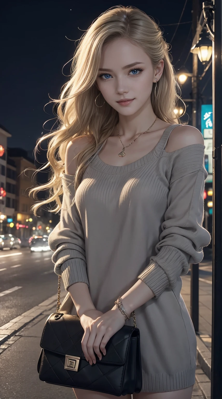 25-year-old Caucasian woman、ash blonde、blue eyess、Semi-long、setting hair、Hair is up、My hair is wavy、Slender but thin macho、accessories on the wrist、wearing a chain necklace、Beautiful breasts、a smile、Wearing a sweater dress、Holding a handbag in his hand、I am in a landscape where I can see the street lights at night.、I need space above my head