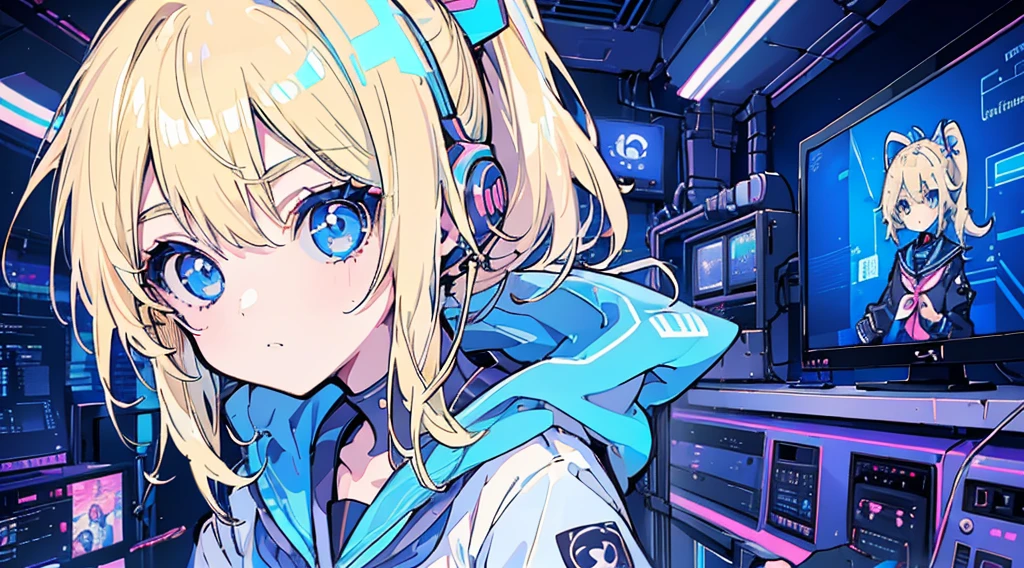 (1 girl, blonde hair, ponytail, blue eyes, sailor suit, headphone, kawaii), (blue cyberpunk, room with big monitors, blue neon)