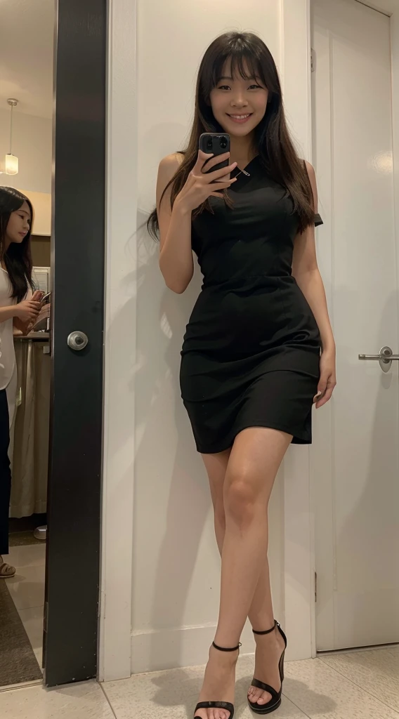 araffe woman in a black dress taking a selfie in a mirror, black dress, wearing a tight black dress, tight dress, sexy dress, wearing black dress, bodycon dress, dark black dress, wearing a black dress, 2 4 year old female model, she is wearing a black dress, cute black dress, dark dress, full black dress, skintight dress