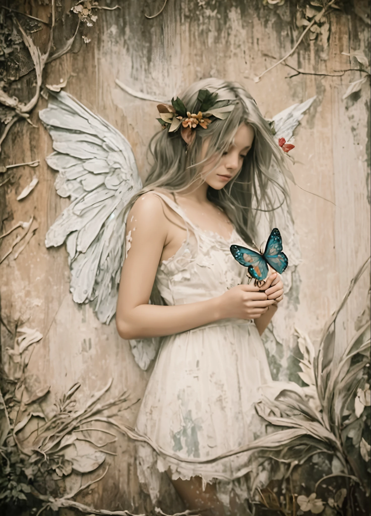 there  a woman with a butterfly in her hand, with beautiful wings, tattered wings, of beautiful angel, of an beautiful angel girl, ethereal wings, girl with angel wings, portrait of a fairy, portrait of fairy, portrait of a beautiful angel, beautiful angel, with wings, portrait of fairy woman, beautiful female angel, beautiful fairy, beautiful  fairy the angel is an weathered peeling image painted on an old peeling wooden sign, static, haze, cracks worn patches, weathered painted image of blonde haired angel, standing on a battle field holding a butterfly bringing life back into it weathered painting on a old wooden sign board, wearing a transparent Voile dress, wooden sign-board style, paper roses, paper wings, scroll work, designs, flacking paint dried plants, simple background, photorealistic, perfect, oil painting, photorealistic
