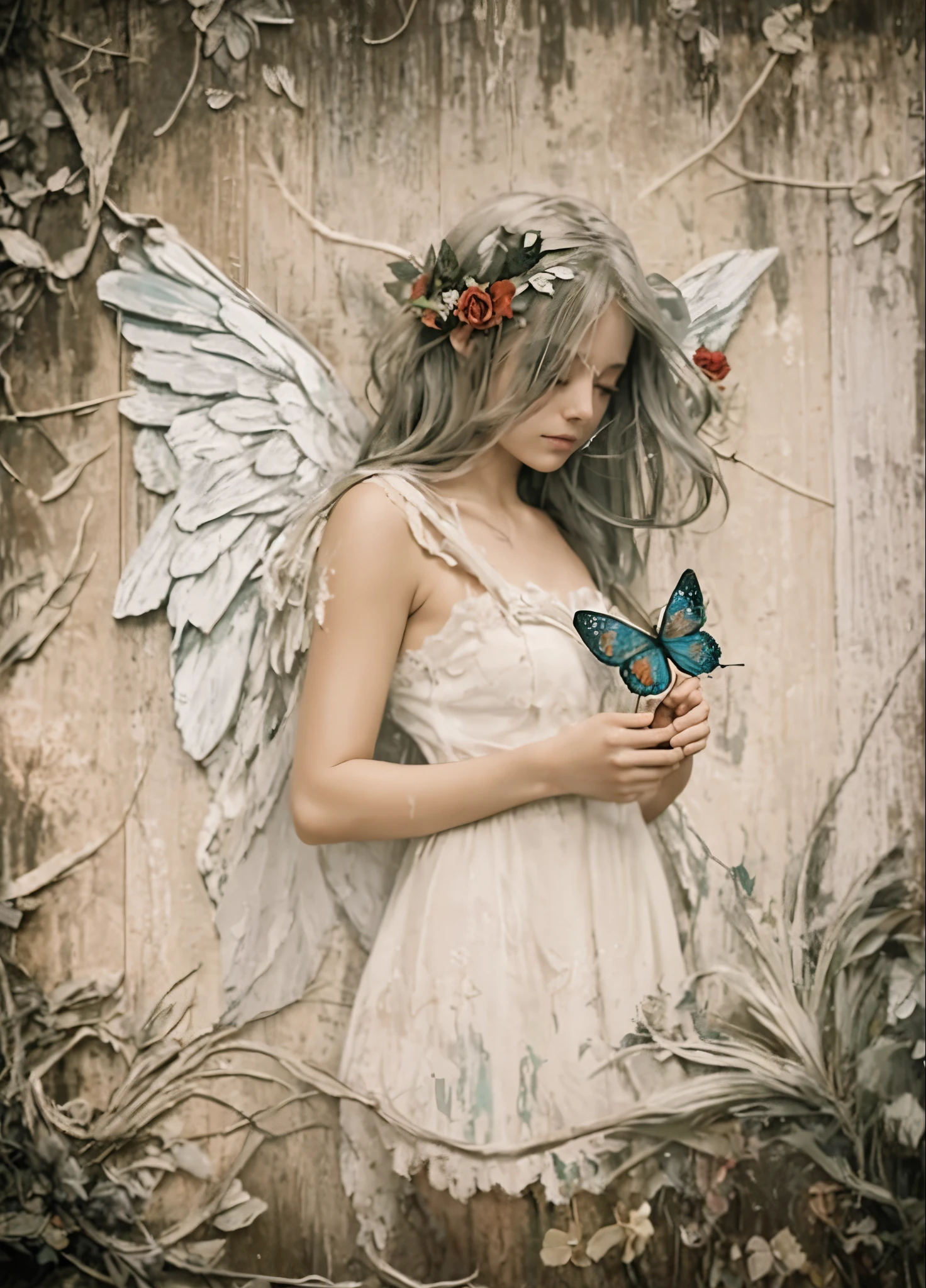 there a woman with a butterfly in her hand, with beautiful wings, tattered wings, of beautiful angel, of an beautiful angel girl, ethereal wings, girl with angel wings, portrait of a fairy, portrait of fairy, portrait of a beautiful angel, beautiful angel, with wings, portrait of fairy woman, beautiful female angel, beautiful fairy, beautiful fairy the angel is an weathered peeling image painted on an old peeling wooden sign, static, haze, cracks worn patches, weathered painted image of blonde haired angel, standing on a battle field holding a butterfly bringing life back into it weathered painting on a old wooden sign board, wearing a transparent Voile dress, wooden sign-board style, paper roses, paper wings, scroll work, designs, flacking paint dried plants, simple background, photorealistic, perfect, oil painting, photorealistic