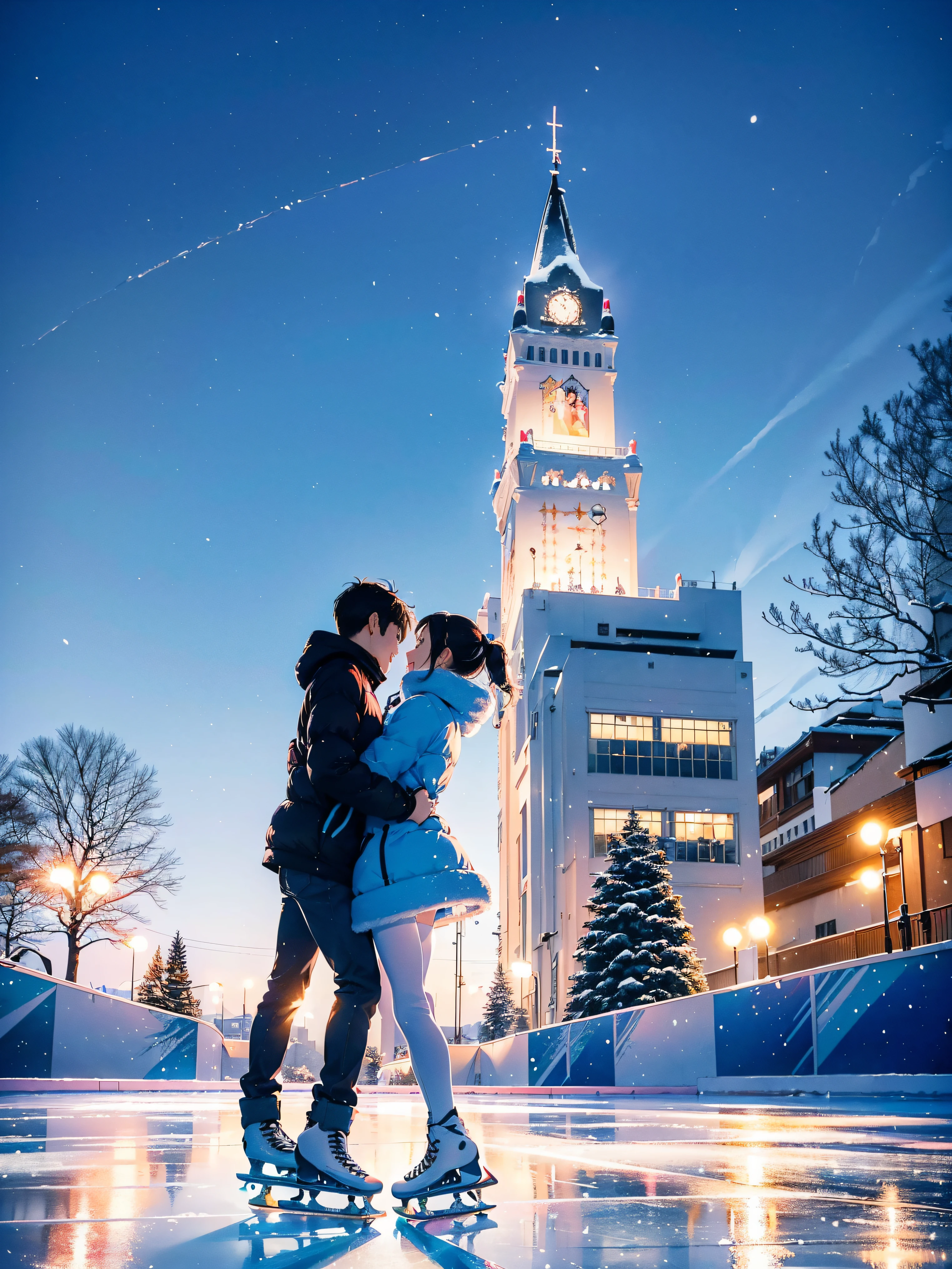 best composition、masutepiece、Photorealsitic、((Winter wonderland))、(((Couple enjoying skating on a skating rink in the middle of frozen nature)))