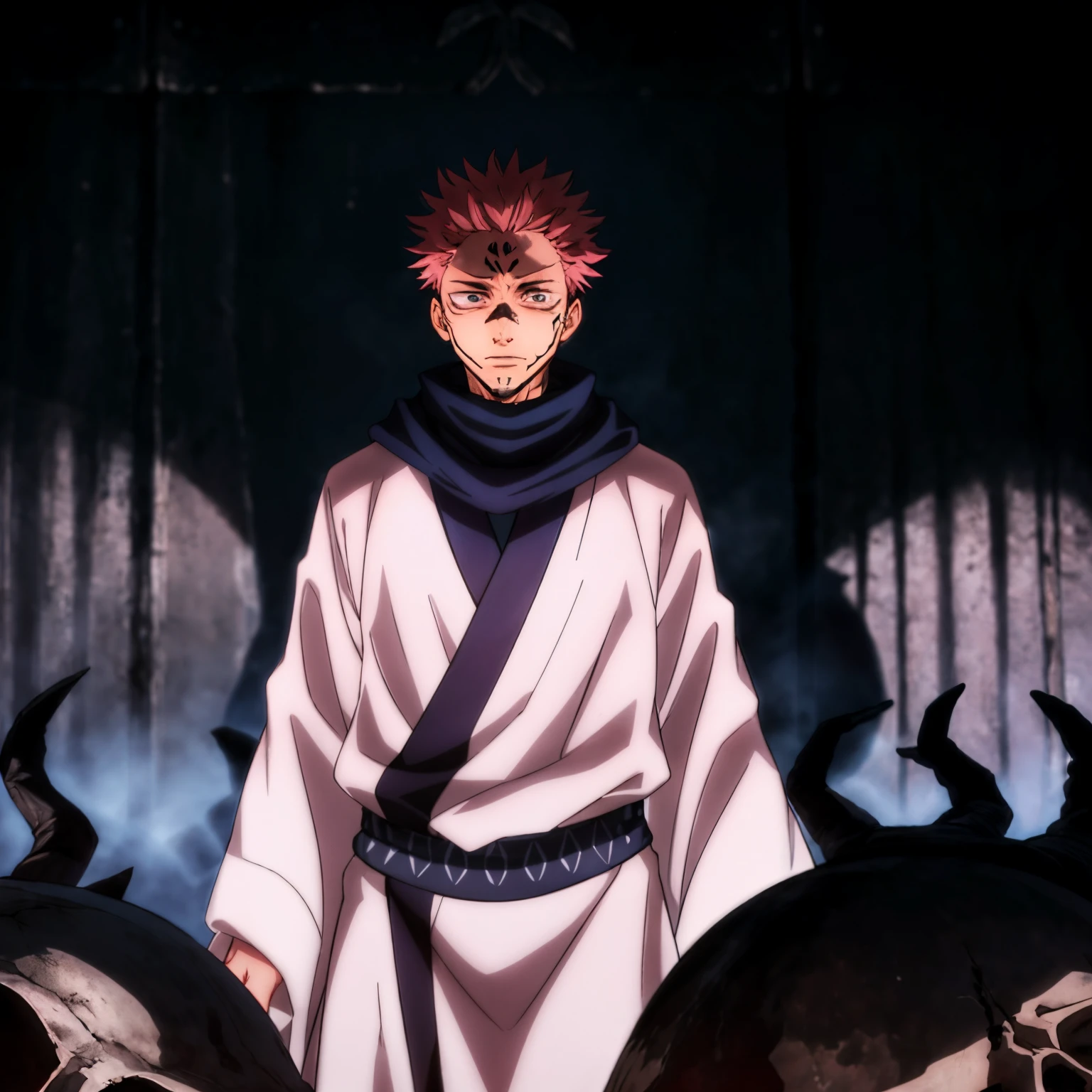 masterpiece,high quality,solo,
RyomenSukuna,1man,
blue scarf,japanese clothes,white kimono,wide sleeves,long sleeves,
obi,
tabi,zouri,
hell,shadow,shadowed face,skull,