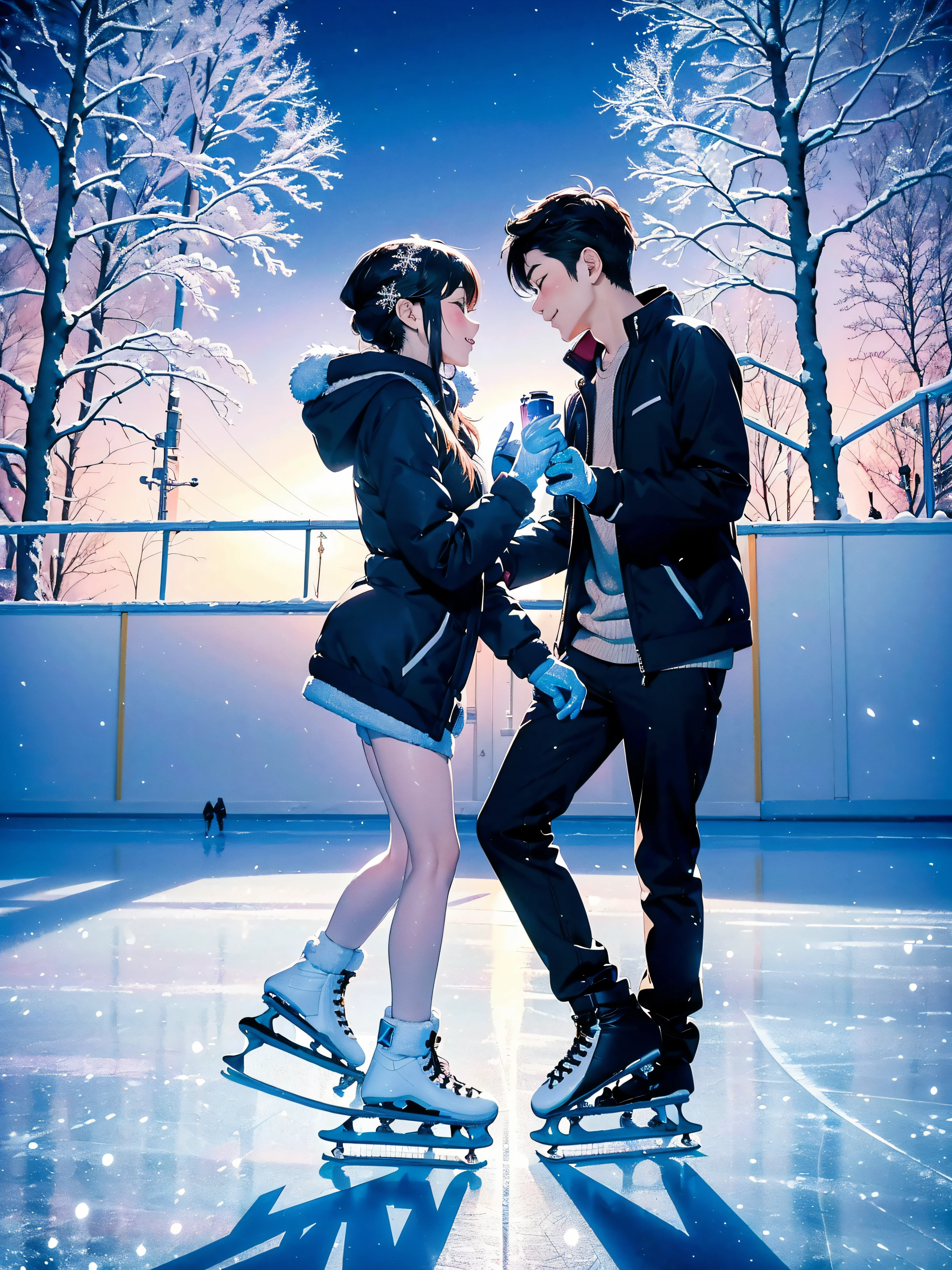 best composition、masutepiece、Photorealsitic、((Winter wonderland))、(((Couple enjoying skating on a skating rink in the middle of frozen nature)))