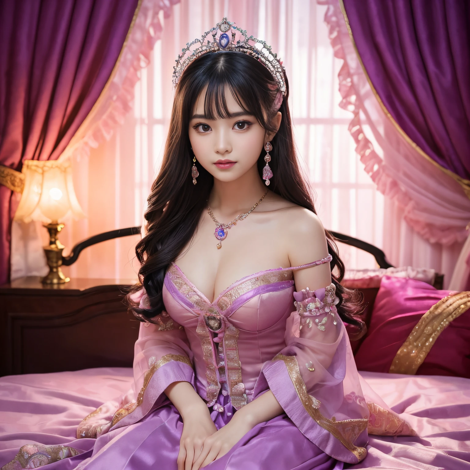 (top-quality、masutepiece、8K、Top image quality、Highly complex and detailed depictions)、one prostitute goddess、(Very goddess:1.3)、Ultimate luxury with everything you can imagine、most gorgeous goddess costume、(Surrounded by pink and purple curtains:1.3)、Sitting on a big bed、(Background completely surrounded by curtains:1.3)、(blurry backround:1.5)、(Very romantic atmosphere:1.3)、The background is pink and purple and very gorgeous.、A smile staring at me、Upper body photo、Sit on the most gorgeous bed、Lots of pink and purple decorations、artistic décor、(warm mood lighting:1.5)、spectacular movie lighting、Large amount of jewelry decoration、The most luxurious and huge tiara、giant pink and purple costume、pink and purple big sleeves、Very complex decoration、royal、(Frontal close-up:1.2)、Front composition、(accurate anatomy:1.5)、(Sit facing the front:1.3)、Symmetrical composition、big nice bed、(moody dark room:1.3)