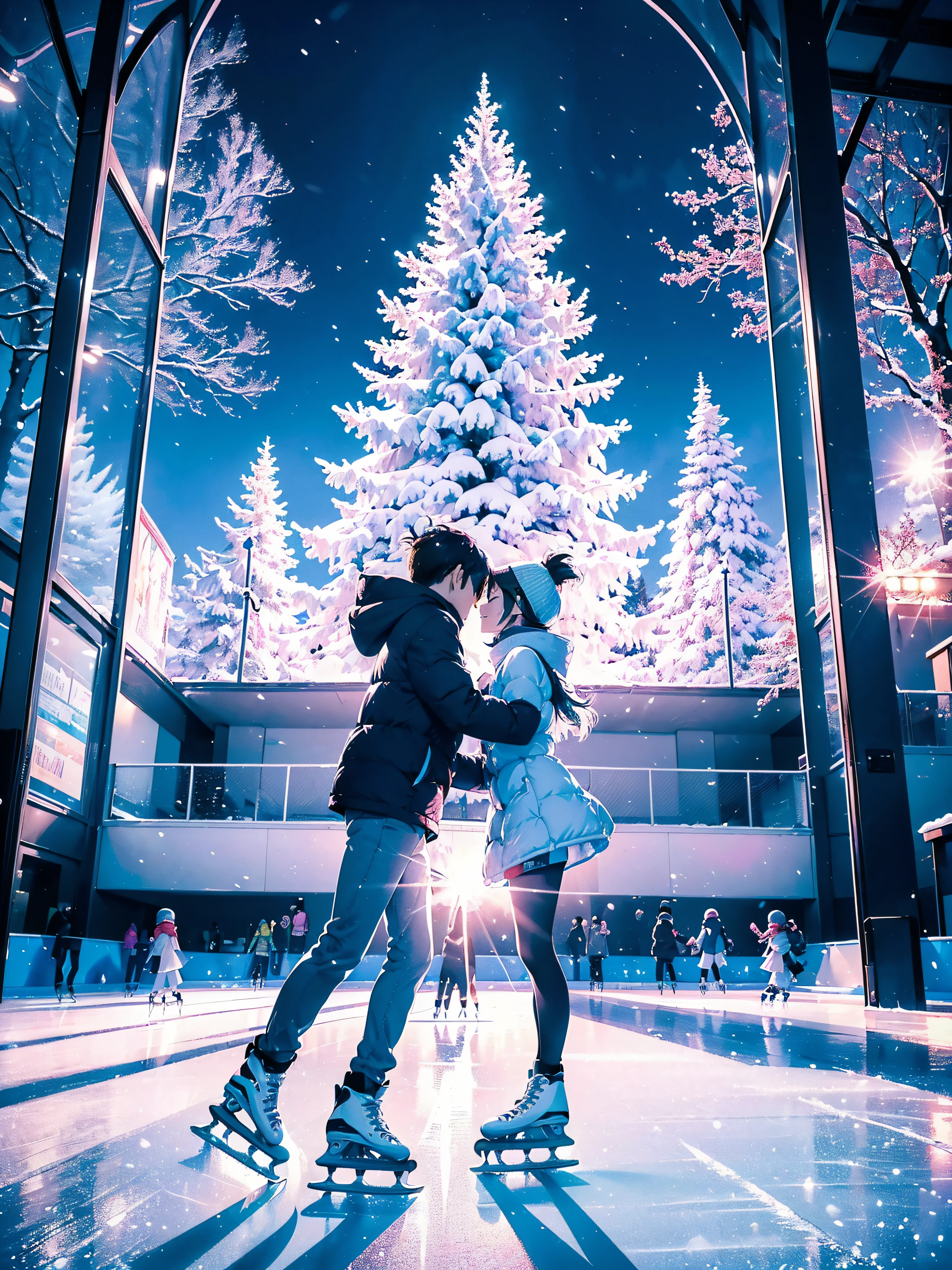 best composition、masutepiece、Photorealsitic、((Winter wonderland))、(((Couple enjoying skating on a skating rink in the middle of frozen nature)))