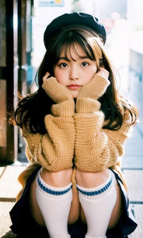 ulzzang -6500-v1.1, (Raw foto:1.2), (Photorealsitic:1.4), a beautiful detailed girl, extremely detailed eye and face, beatiful detailed eyes, Ridiculous, unbelievable Ridiculous, huge filesize, ultra-detailliert, hight resolution, ighly detailed, top-quality, ​masterpiece, Kemomimi, ((bury your face in your scarf)), (((Japan schoolgirl uniform))), illustratio, ighly detailed, nffsw, unification, 8k wallpaper, astonishing, finely detail, ​masterpiece, top-quality, Highly detailed ticker uniform 8K wallpaper, face lights、Cinematographic lighting、1girl in、sixteen years old、(witheout panties)、((dynamicposes)))、(camel's toe)、(half)、(Crooked knees and legs sitting))