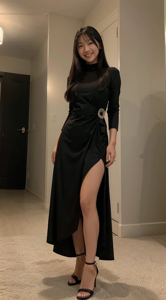 a woman smiling with a cell phone, half asian, gemma chen-meg kimura-lulu chen-jen zee-katherine lam-jen yoon-christy ren-erika ikuta-lei min-mei-ling zhou-ayamin kojima-jin kim-yuli ban-kiyoko suzuki-john park-kan liu merged, entire body visible, petite, wearing an elegant long black cocktail dress and high heels