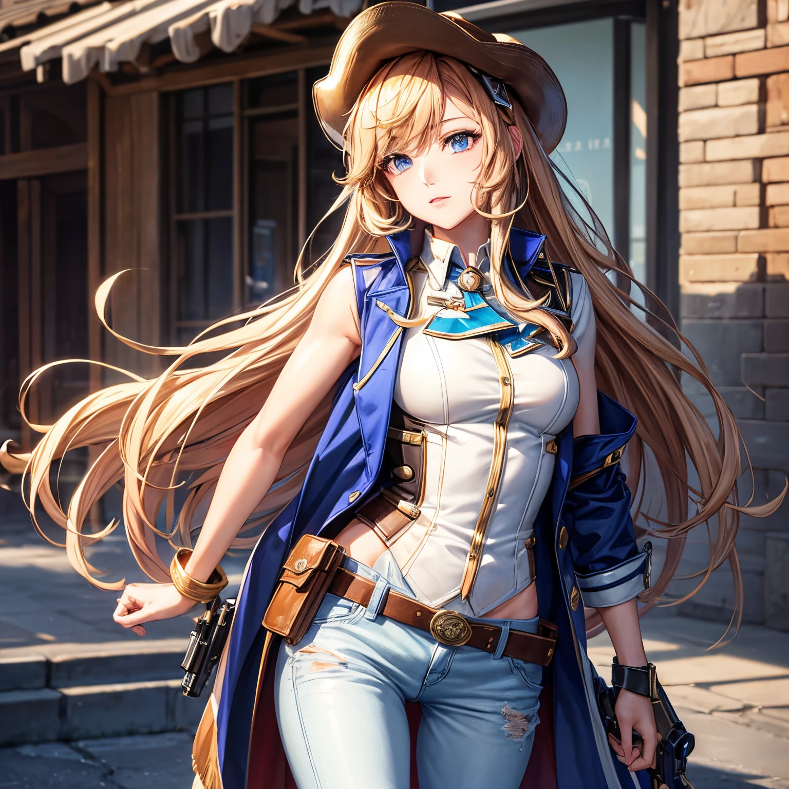 1 girl, tmasterpiece, macross delta splash art,  Best quality at best, Gilet blanc, diaphragm, short blue jeans, small, cowboy hat, hip holster, Very detailed gun, realistic gun, Colt Peacemaker Aims Ahead, Sheriff's badge, on the belt, Brown leather duster, Leather coat, 詳細な目, eyes with brightness, beautiful hand, Very detailed hands, straight hands, Glossy glossy skin, shinny hair, eBlue eyes, light-blonde hair, tall, long whitr hair, hair straight, full bodyesbian, American flag