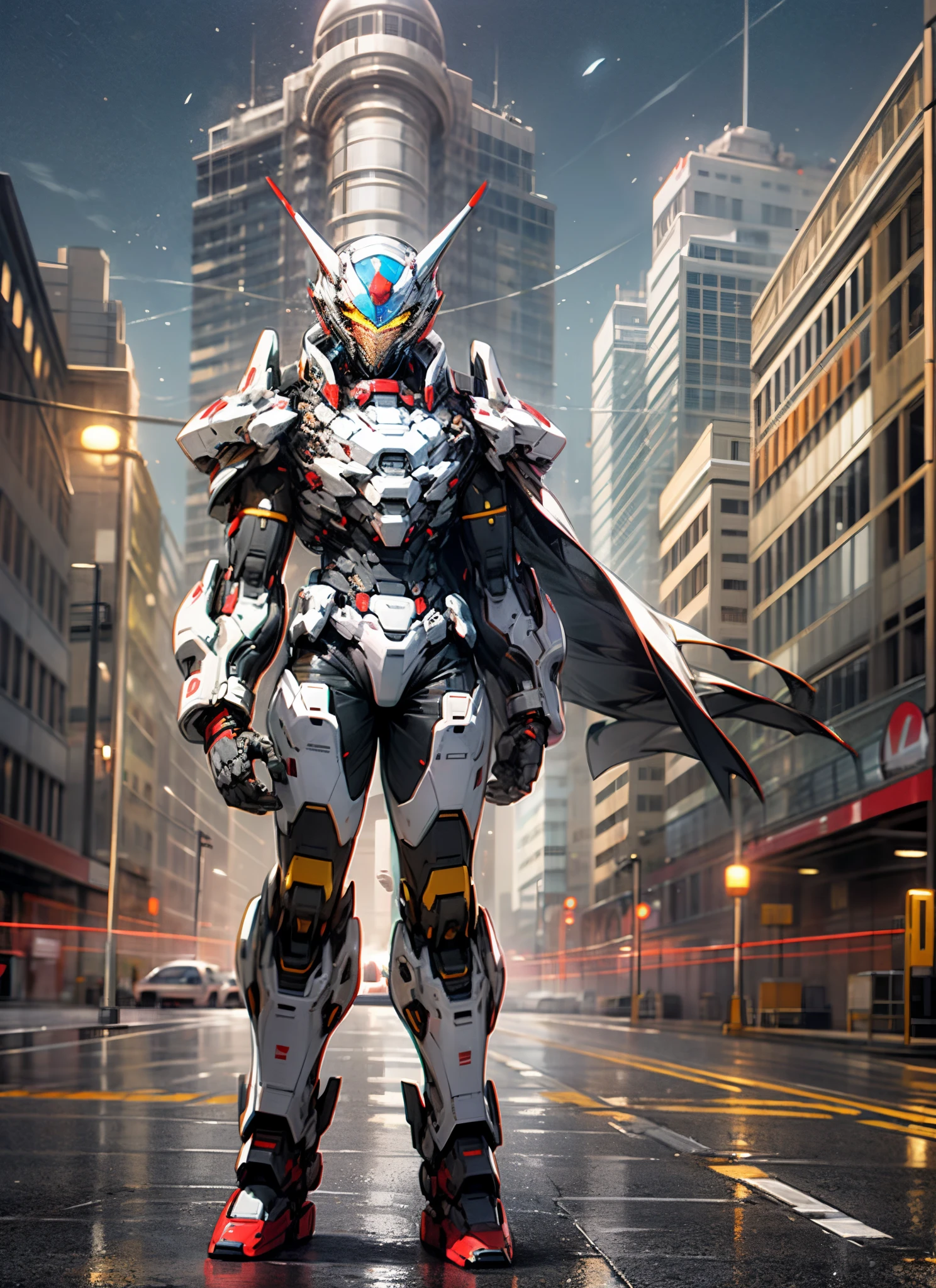 a young boy standing infront of a giant robot in the city, a straight rainbow in the background , Surrounded by lightning, standing at front, super detailed, Realistic, shiny, Reflective, bio luminescent, Glowing red, Full body, movie,  Backlight --auto --s2