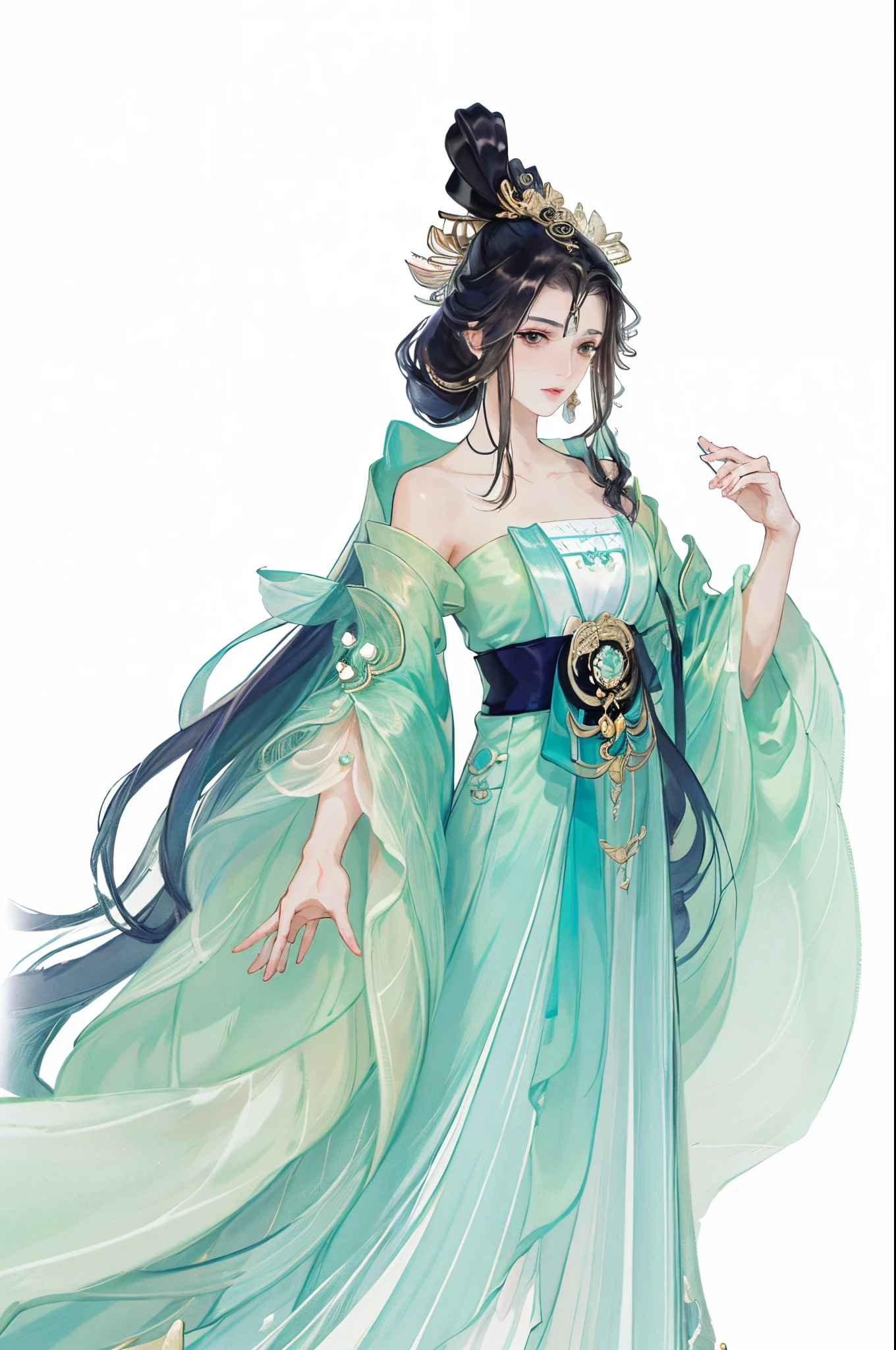 (((tmasterpiece, Best quality at best, 超高分辨率, CG unified 8K wallpaper, Best quality, ultra - detailed, ultra HD picture quality))), 1 girl, cabelos preto e longos, game fairy, Lotus lotus leaf decoration, Greencoat, Hanfu, yarn, flowing gauze, jewely, ((Colorful)), Nice face, beautidful eyes, Beautiful hairstyle, Beautiful costumes, Structurally sound