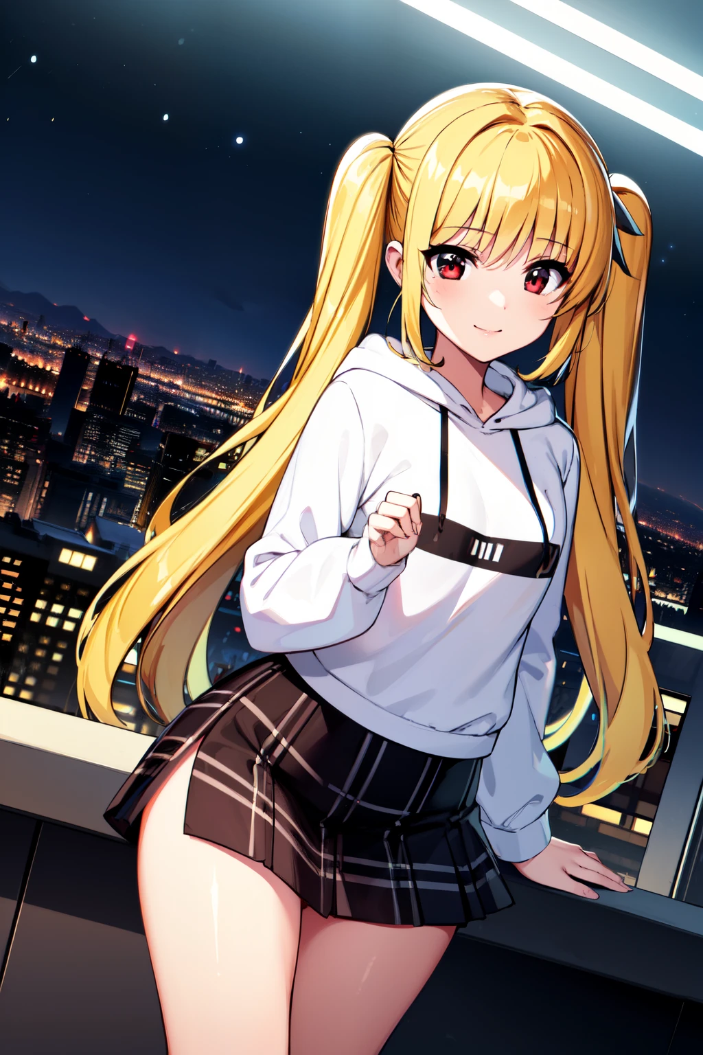 1 girl, Long yellow hair pigtails, red eyes with slit pupils, small breasts, master-piece, best quality,  proportional body, proportional,  Wear a short black hoodie hood, Check plaid skirt, deep in the night, Moon Night, The rooftop of a building overlooking the city, Night sky with the moon shining, photon mapping, Radio City, shinny skin,  Make eye contact with the camera, (light_Smile:1.5), (Detailed hands and fingers:1.2)