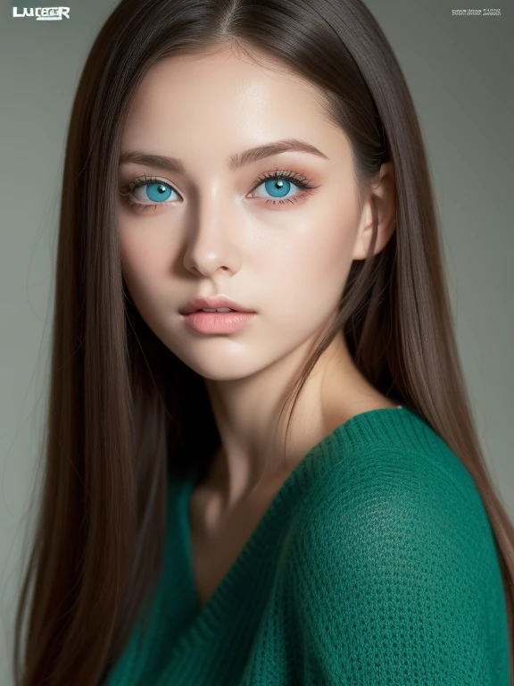 Portada de la revista,virginKillerSweater, pecho lateral, (sin mangas:1.2), escote_Recorte,{{German girl from 18 to 22 years old}}, lucir hermosa chica alemana y ojos azules u ojos verdes con color de cabello rubio platino), Young Nordic German,
