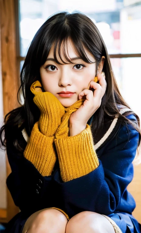 ulzzang -6500-v1.1, (Raw foto:1.2), (Photorealsitic:1.4), a beautiful detailed girl, extremely detailed eye and face, beatiful detailed eyes, Ridiculous, unbelievable Ridiculous, huge filesize, ultra-detailliert, hight resolution, ighly detailed, top-quality, masterpiece, Kemomimi, ((bury your face in your scarf)), (((Japan schoolgirl uniform))), illustratio, ighly detailed, nffsw, unification, 8k wallpaper, astonishing, finely detail, masterpiece, top-quality, Highly detailed ticker uniform 8K wallpaper, face lights、Cinematographic lighting、1girl in、sixteen years old、(witheout panties)、((dynamicposes)))、(camel's toe)、(half)、(Crooked knees and legs sitting))