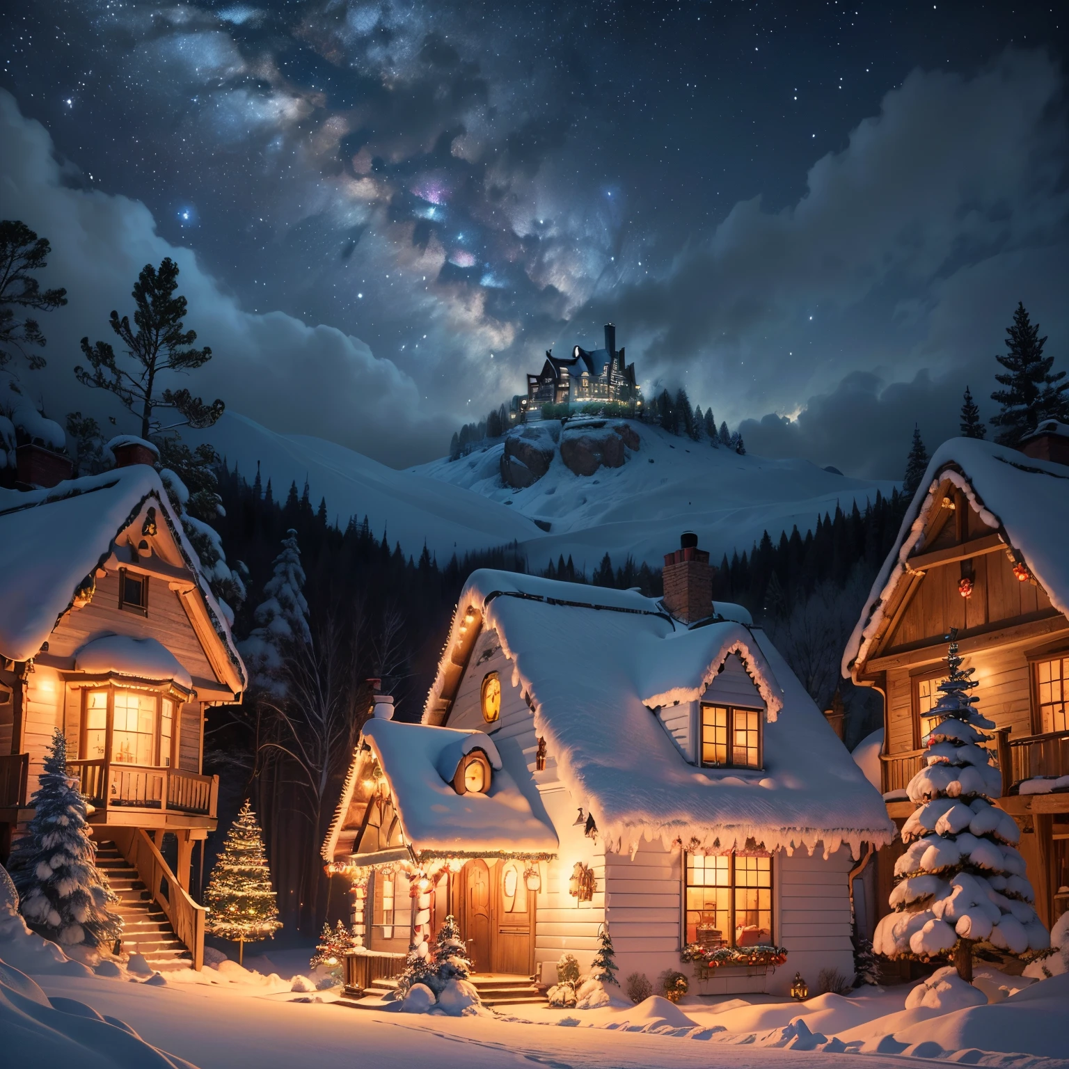 (best quality,4k,8k,highres,masterpiece:1.2),ultra-detailed,(realistic,photorealistic,photo-realistic:1.37),candy cane trees, vibrant gum drop boulders, giant stylized snowflakes twinkle and spin in the sky, a charming gingerbread cottage emits smoke from the chimney. Scattered moonlight bathes the surreal landscape.