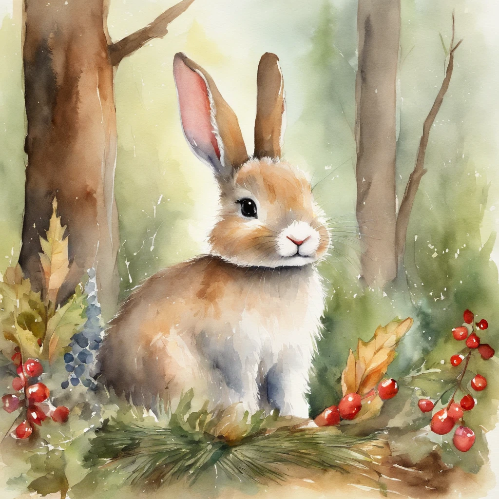 Image of a picture book、Cute Bunny、 fluffly, christmas in the forest