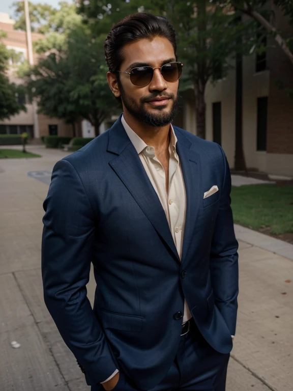 (hyper-realistic, professional photograph, 4k, modeling), (handsome, Indian, man, strong, athletic, attractive, attractive brown eyes),(light smile, stubble beard), formal dark blue suit, sunglasses, open collar, candid, looking away, full body photograph, college campus