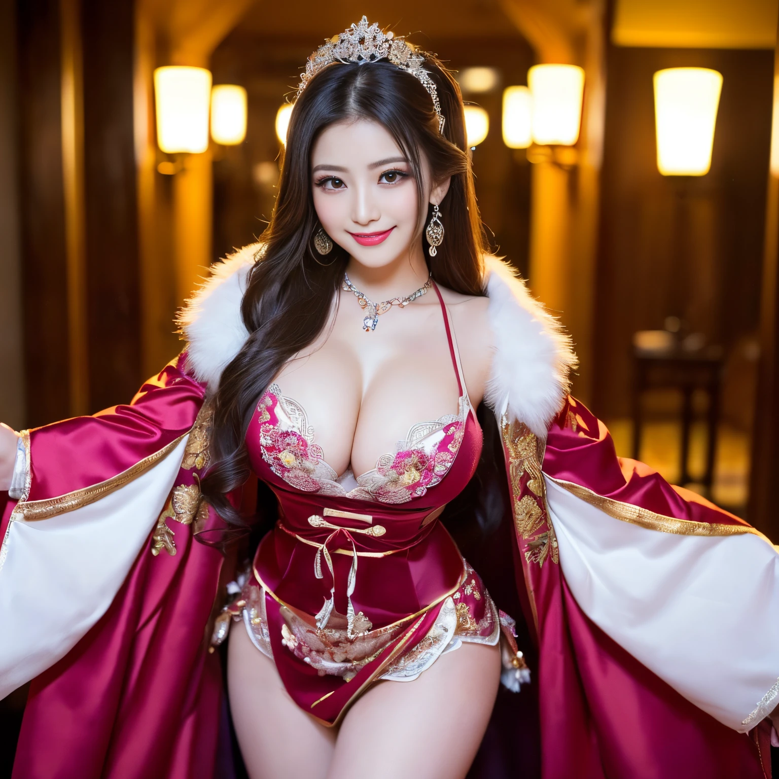 ((top-quality、masutepiece、8K、Top image quality、Highly complex and detailed depictions))、(Photo of the upper body of a Japanese prostitute:1.3)、(A very young prostitute:1.3)、Luxury Guru House at night、Japan'the most luxurious prostitute costumes、((the most gorgeous japanese prostitute'Huge costumes、The most vivid and luxurious costume Iglong costume、The most luxurious and huge garrison、An unimaginably luxurious garrison、Very luxurious and huge garrison、Huge Guru House at midnight、Very complex decoration、Very clear huge garrison))、(View me、Bewitching smile、Perfect makeup、long eyelashes、lipsticks、Pink eyeshadows、perfect anatomia、A slight smil)、(Clear background of huge garrison:1.3)