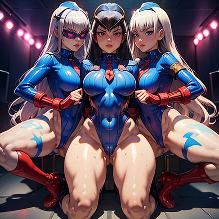 Masterpiece, Best Quality, Highly detailed, illustration, absurdres, street fighter, doll suit, shadaloo doll, agent aika, 3girls, Team Squad, expressionless, blank eyes, looking at viewer, red gloves, emotionless, black latex, corrution, mind control, female combatant, full body, hypnotized, sitting,happy trance, full body suit, leotard, perfect female body, extremely glossy latex, Delmo Uniform, belt, hypnosis, hypnoLora, empty eyes, Mind control device, thighhighs, kneeling, poses, submissive_pose, thighhighs, blue delmo uniform, visor, melusine, fate grand order, white hair, long hair