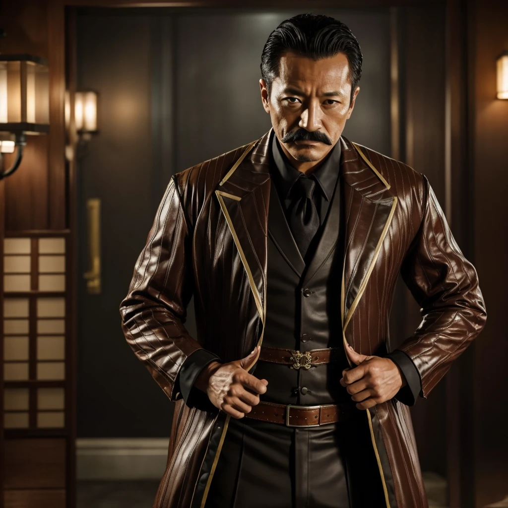 50 years old,Hidetoshi Nakata ,(Kogoro Mouri 1.3), man in kraven outfit, tong, mustache, little beard, full body, kraven jacket marvel, short hair, masterpiece, 4k hd, 8k hd