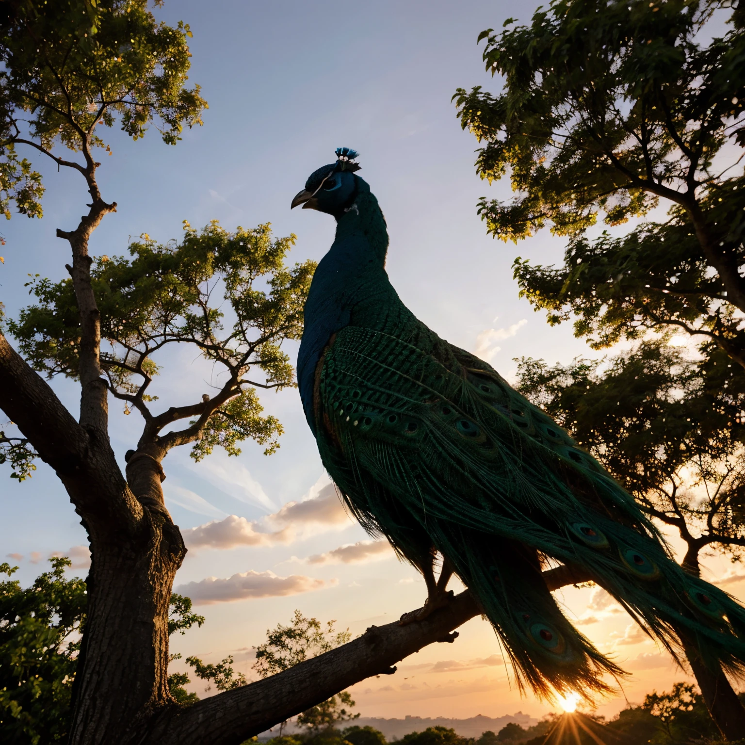 A peacock in tree at sunsets
