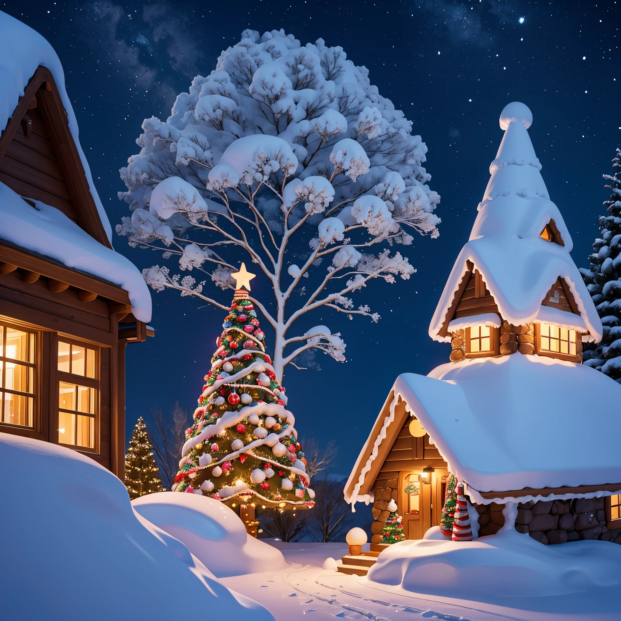 Candy cane trees, gum drop boulders, big stylized snow flakes sparkle and turn in the sky. A gingerbread cottage has smoke rising from the chimney. Moonlit night.