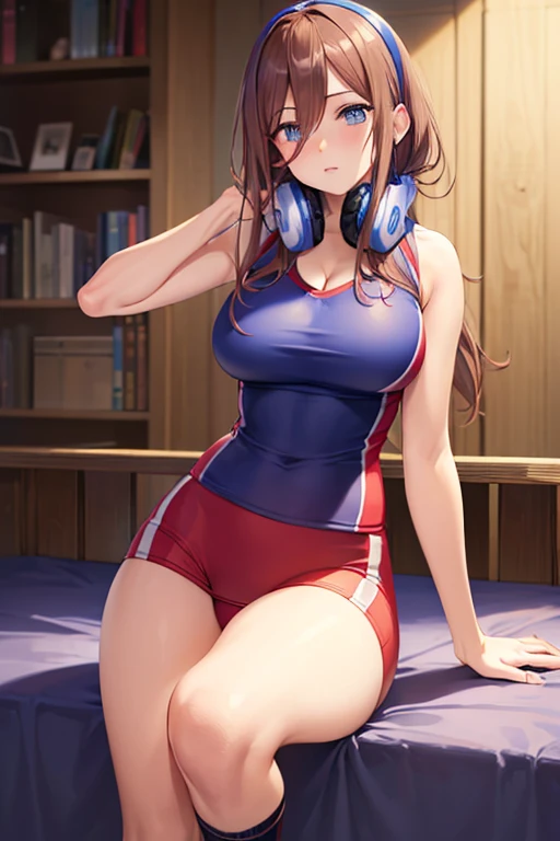 masutepiece, Best Quality, Highly detailed,large full breasts , (Best Quality), (Best Illustration), Miku Nakano,Miku Nakano, dark brown hair, Blue eyes, headphones, a bed, Beautiful detailed eyes,cleavage,wide hips,((Sleeveless, Volleyball uniform))