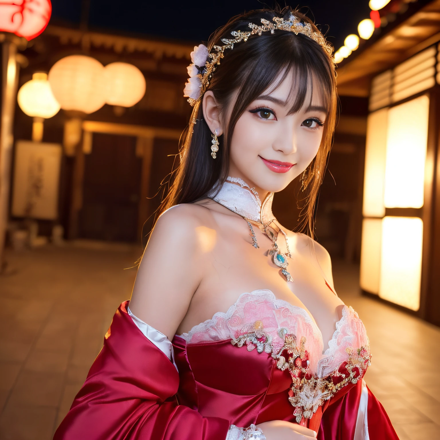 ((top-quality、masutepiece、8K、Top image quality、Highly complex and detailed depictions))、(Photo of the upper body of a Japanese prostitute:1.3)、(A very young 12 year old prostitute:1.3)、Luxury Guru House at night、Japan&#39;the most luxurious prostitute costumes、((the most gorgeous japanese prostitute&#39;Huge costumes、The most vivid and luxurious costume Iglong costume、The most luxurious and huge garrison、An unimaginably luxurious garrison、Very luxurious and huge garrison、Huge Guru House at midnight、Very complex decoration、Very clear huge garrison))、(View me、Bewitching smile、Perfect makeup、long eyelashes、lipsticks、Pink eyeshadows、perfect anatomia、A slight smil)、(Clear background of huge garrison:1.3)