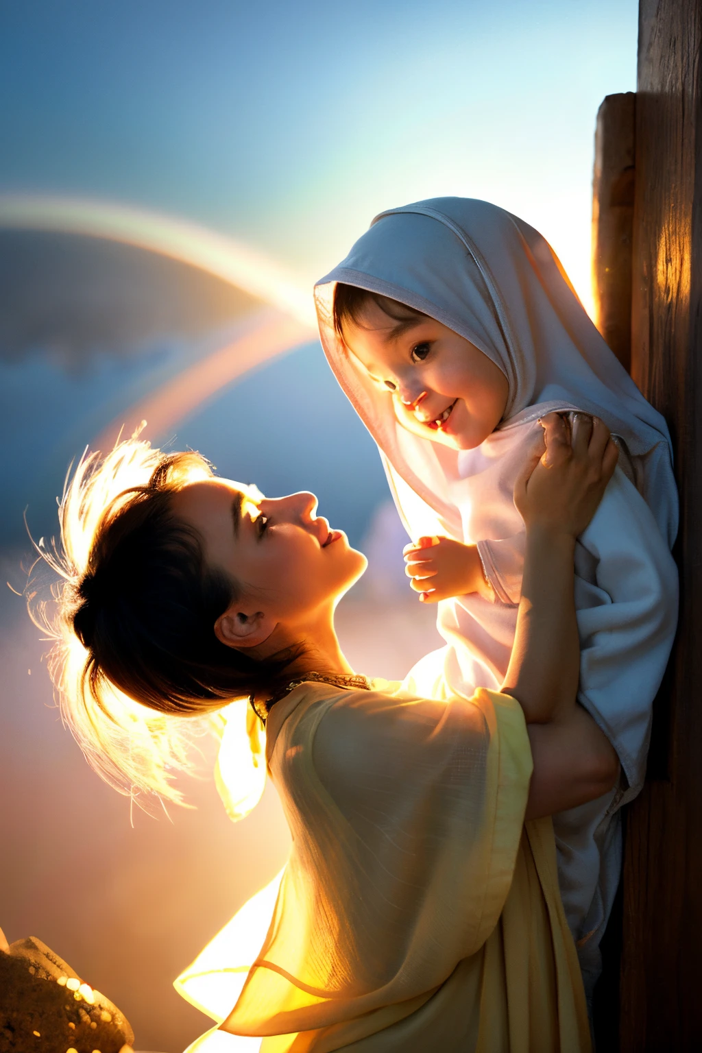 masterpiece, persian woman in hijab and child, holy virgin mary with little boy in her arms, ((halo over head)), smiling, heavenly sky, half body, ((divine light)), ethereal, clouds, back lighting, realistic portrait, symmetrical, strong, intricate drawing, highly detailed, digital painting, art station, concept art, fluid, sharp focus, illustration, against heaven's gate, cinematic lighting, works by artgerm and greg rutkowski and alphonse mucha