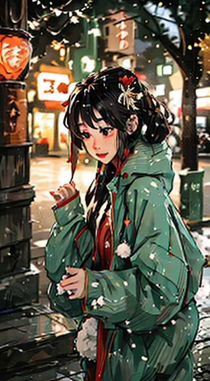 Oyuki，nevando，Christmas tree，Teenage girl，pullover red hoodie，festive atmosphere，the street，城市，natta，Full of light fingers，high high quality，4K