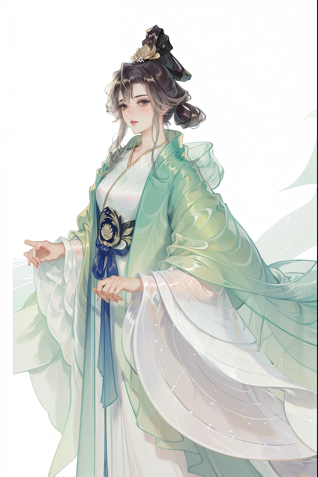 (((tmasterpiece, Best quality at best, 超高分辨率, CG unified 8K wallpaper, Best quality, ultra - detailed, ultra HD picture quality))), 1 girl, cabelos preto e longos, game fairy, Lotus lotus leaf decoration, Greencoat, Hanfu, yarn, flowing gauze, jewely, ((Colorful)), Nice face, beautidful eyes, Beautiful hairstyle, Beautiful costumes, Structurally sound