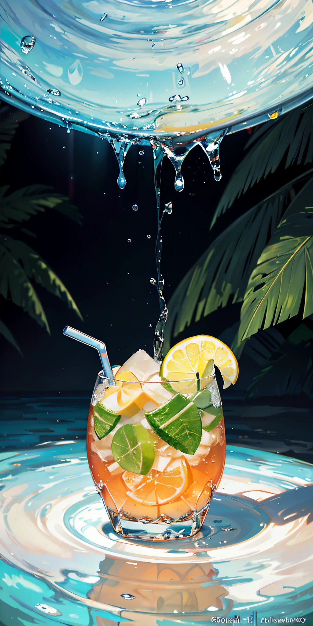 Using the right hand, macro photography depicts picnic scenes themed around a tropical beach holiday in summer. The protagonist of this photo is a cool glass filled with iced carbonated drinks. The lens focuses on glasses, fruit, dazzling midday sun, fisheye lenses, distant views, a hearty meal, (splashed liquid: 1.6), ice, (picnic scene: 0.5) (cute dessert: 0.4), dripping. It's filled with carbonated drinks, translucent liquid, daytime outdoor lights (beach 1.5), tropical plants, hot weather, HD detail, wet watermark, hyperdetail, cinematic, surrealism, soft light, deep field focus bokeh, ray tracing, diffuse (ultra-fine glass reflection), and surrealism.