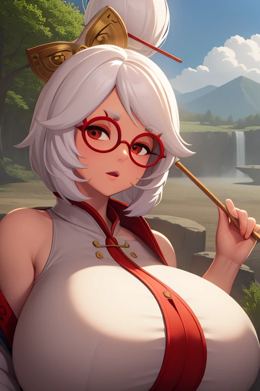 ((extreme detail)),(ultra-detailed), extremely detailed CG unity 8k wallpaper, best quality, purah_totk, gold hair ornament, hair stick, sleeveless shirt, white jacket, red glasses, looking at viewer, holding, sitting, crossed legs, upper body, sky cloud, tree, mountain, (large breasts:1.6)