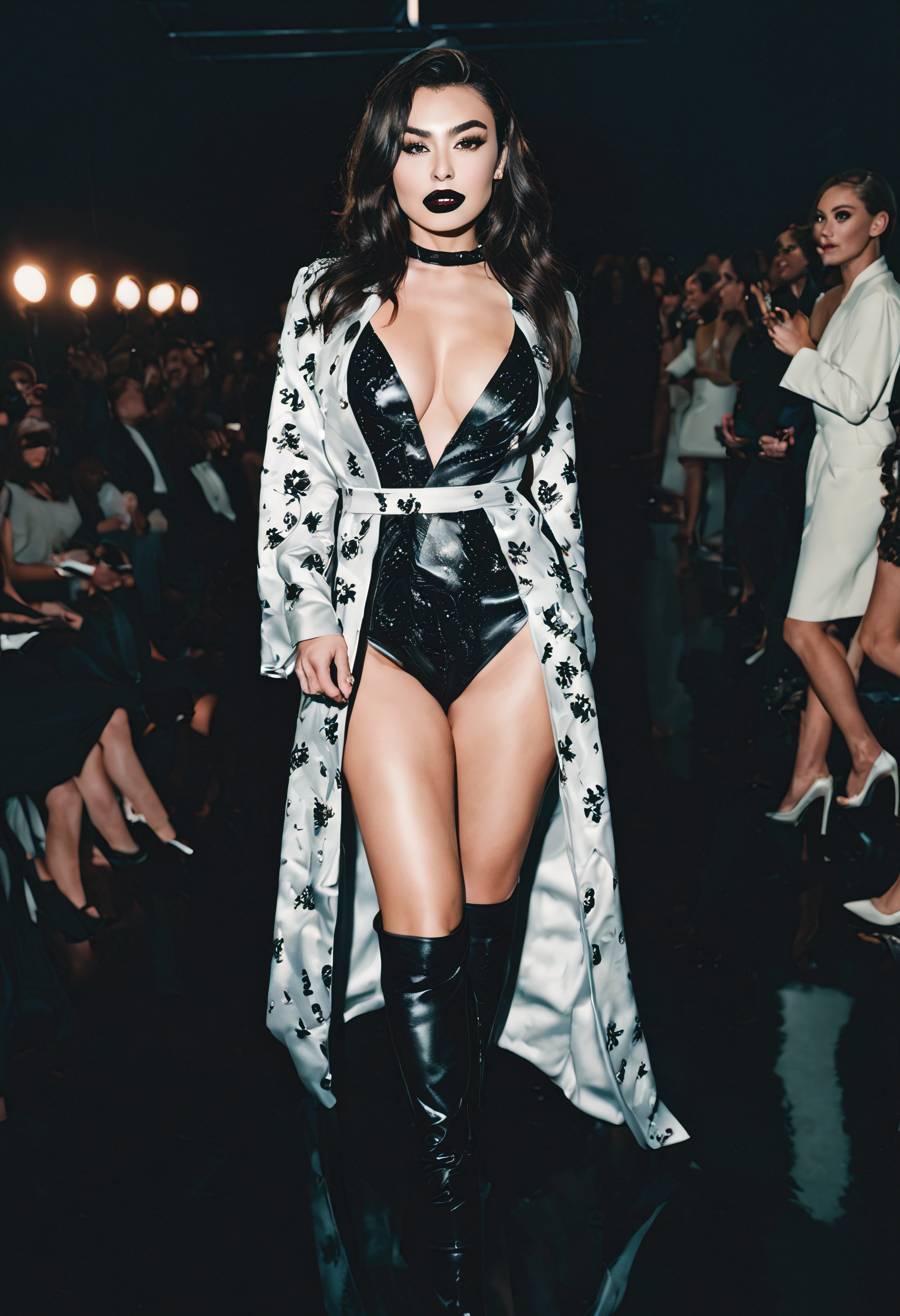 photo of sexy Charli XCX dynamic posing a (fashion runway), blacklipstick, (nipples), grinning, detailed face,, makeup, robe, stiletto heels, detailed, analog color photo film grain, flash photography, high saturation