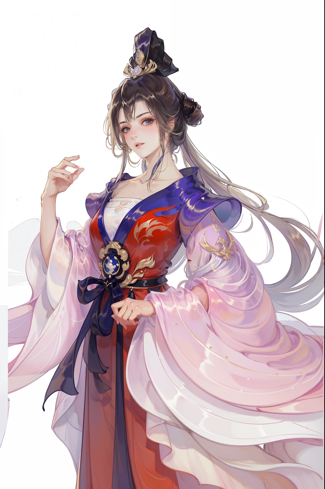 (((tmasterpiece, Best quality at best, 超高分辨率, CG unified 8K wallpaper, Best quality, ultra - detailed, ultra HD picture quality))), 1 girl, cabelos preto e longos, game fairy, Red and black clothes, Hanfu, yarn, flowing gauze, jewely, ((Colorful)), Nice face, beautidful eyes, Beautiful hairstyle, Beautiful costumes, Structurally sound