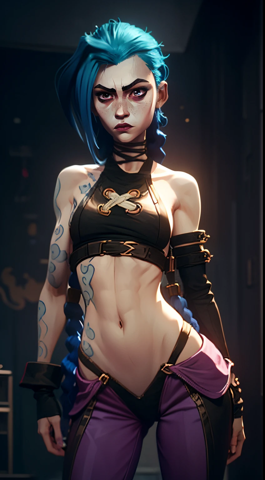 portraite of a, A  girl, in full height (Body Full 1.1), Fantasy City, Standing in a fighting posture, holds his fists, palms clenched into fists, close up face, facial focus, enthusiasm, closeup face, glow in the dark paint, Dark tones, Dark blue background, Arcane style, Arcane's Jinx (character design 1.1.), very long blue braids, two very long tails of hair, Very detailed. Anime style, The secret of animation, gloomy composition, The Gloomy Room, luminescent paint on the walls, drawings on the walls, glowing pink eyes (highly detailed glowing pink eyes, pink pupils 1.1), Pink pupils, very detailed eyes, Beautiful figure, a 1girl, Beautiful figure (Proper Anatopy 1.1.), Slender figure, shapely legs, Blue hair, hairlong, Skinny black leather pants, Very detailed face, Very beautiful face, Very sexy ass, in full height (Body Full 1.1), small elastic breasts, Little ass, Beautiful slim figure, small buttocks, black tight suit, tmasterpiece，beste-Qualit，higly detailed，Visible to the feet， 8K resolution