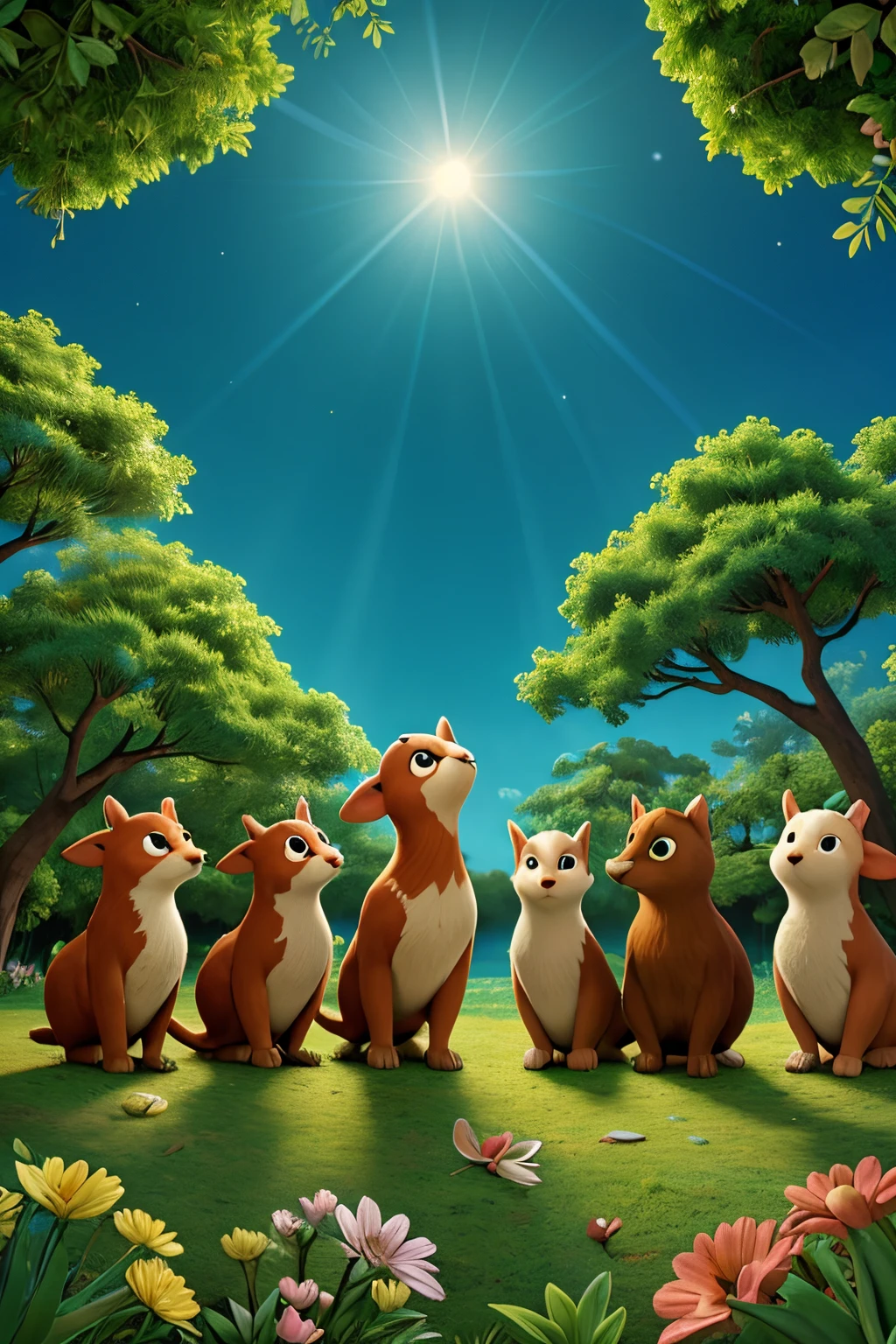 Uma floresta encantada, a group of various types of curious animals watching the sky