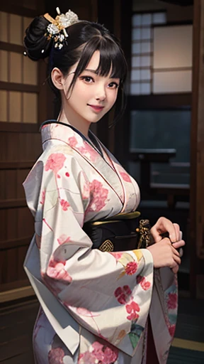 A masterpiece of the highest quality: a beautiful woman dressed in a kimono from Japan's Edo period, with black hair, a smile, and allure.