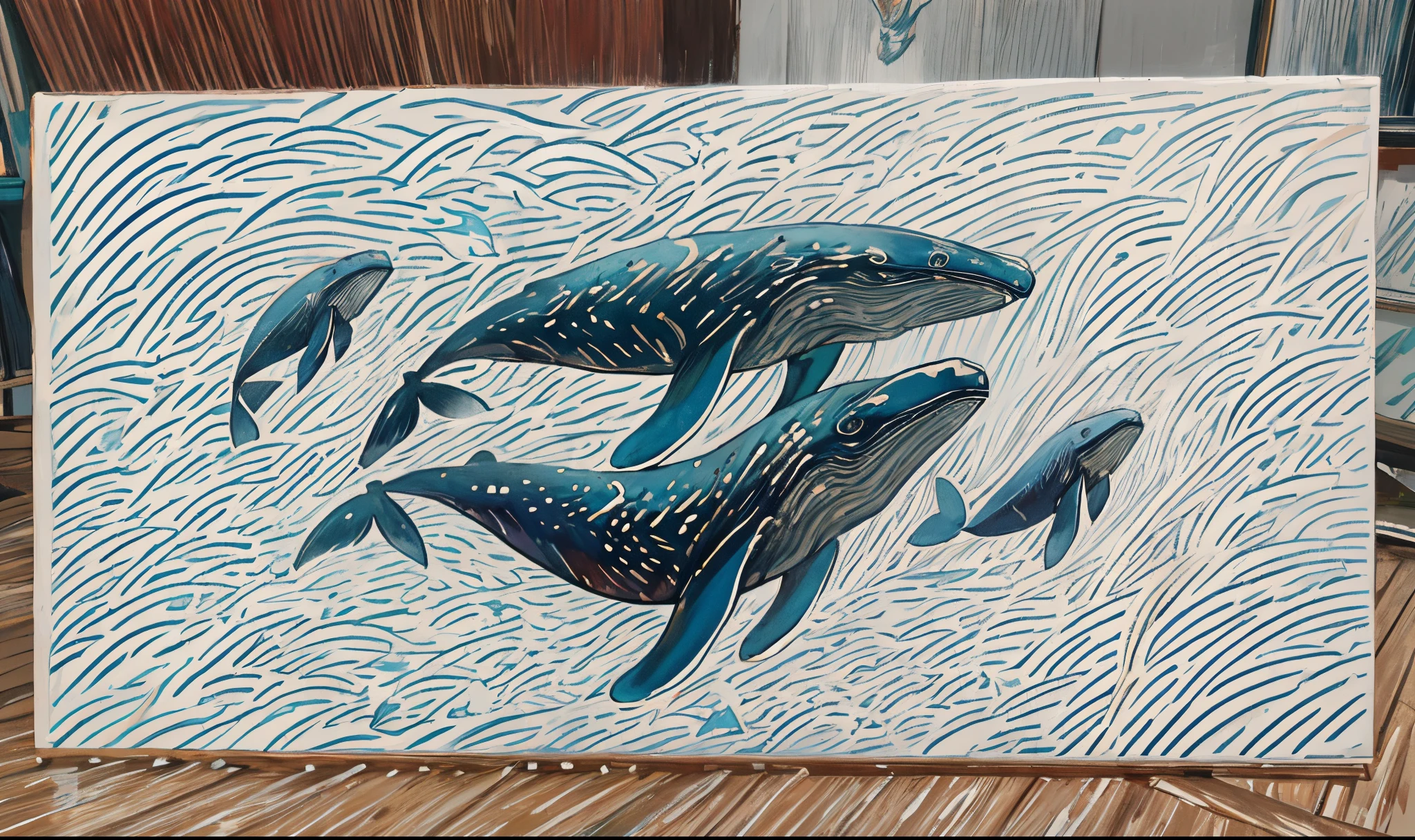 Painting of three whales in the ocean with a white background., whale, flying whale, glimmering whale, They are chasing whales., sky whale, Whale Fall, whale, whale monster, Whales showing themselves from the waves, acrylic details, painted with acrylic, Highly detailed drawings, Highly detailed prints, Humpback whale, Drawings with special details, Flying Whale, view from below