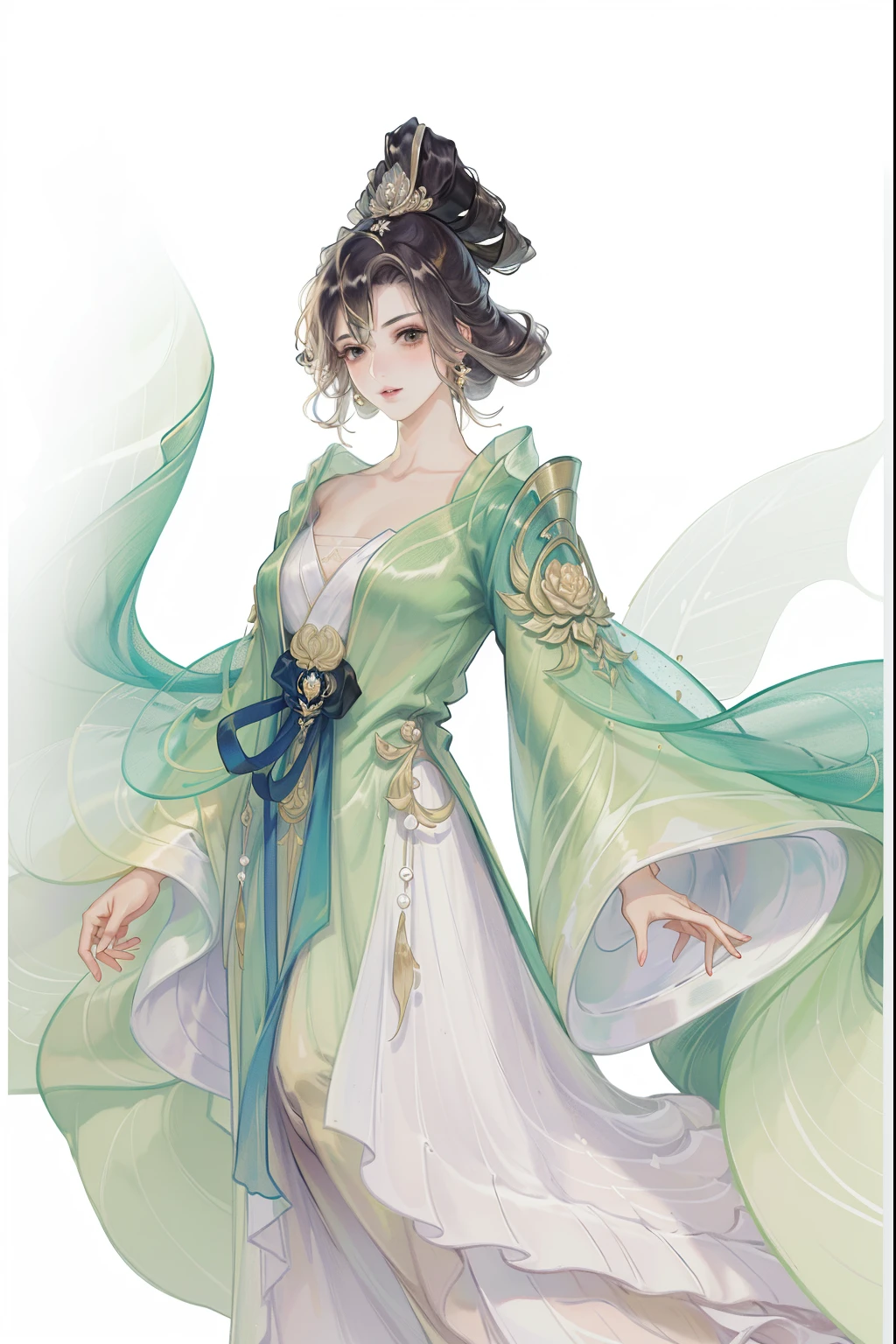 (((tmasterpiece, Best quality, 超高分辨率, CG unified 8K wallpaper, Best quality at best, ultra - detailed, ultra HD picture quality))), 1 girl, cabelos preto e longos, game fairy, Lotus lotus leaf decoration, Greencoat, Hanfu, yarn, flowing gauze, jewely, ((Colorful)), Nice face, beautidful eyes, Beautiful hairstyle, Beautiful costumes, Structurally sound
